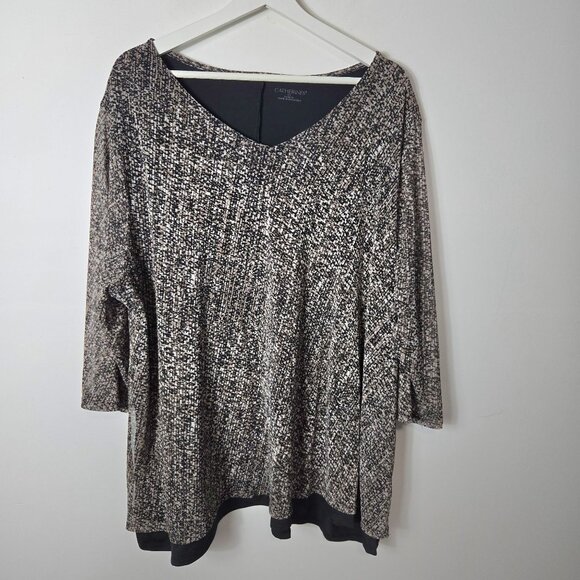 Catherines Tops - Catherines Size 2X Layered 3/4 Sleeve V-Neck Blouse Top Black Brown Women's